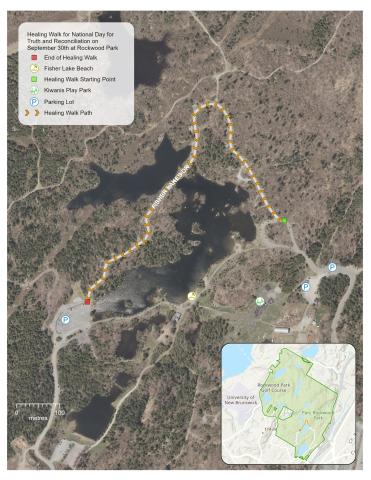 A map showing the route of the Healing Walk in Rockwood Park.
