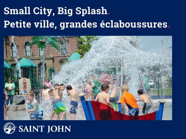 A graphic reading 'Small City, Big Splash' over a picture of a splash pad.