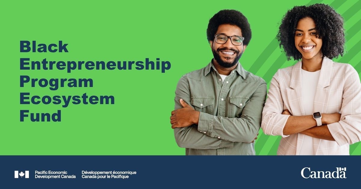 Two people smiling. Text reads, âBlack Entrepreneurship Program Ecosystem Fundâ