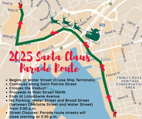 A map showing the new 2025 parade route starting at the Cruise Ship Terminals.