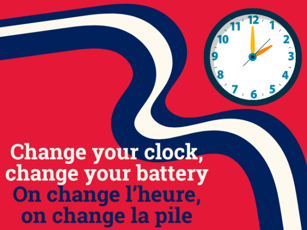 A graphic reminding people to change the battery in their smoke alarm when they change their clock.