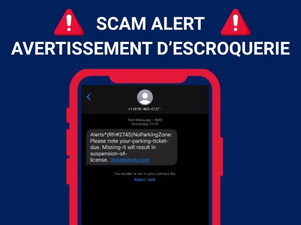 Scam Alert graphic showing a phone with a fake parking ticket text message.