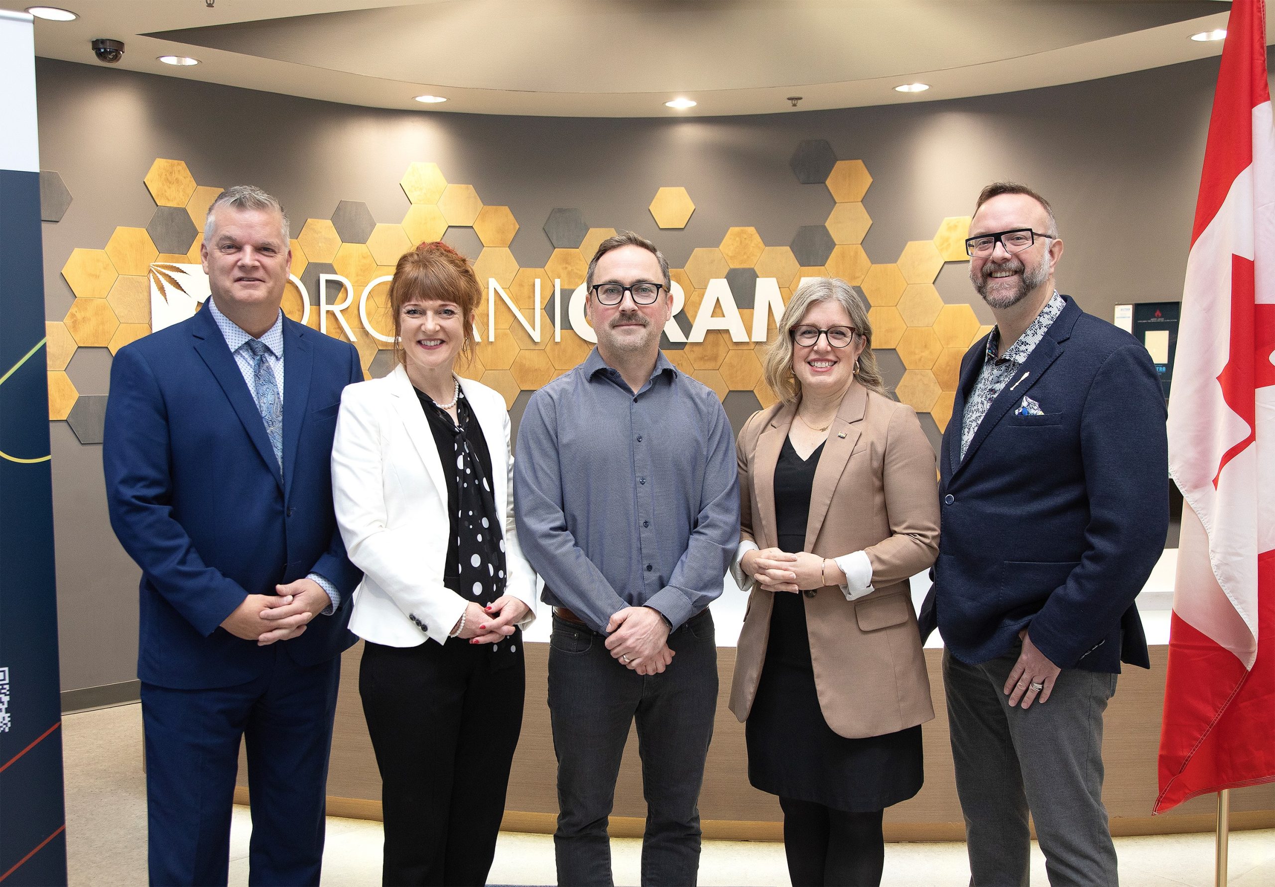 From left: Public Safety Minister Robert Gauvin; Education and Early Childhood Development Minister Claire Johnson; Matthew Carreau, senior vice-president of operations East, Organigram Canada; Premier Susan Holt; and Luke Randall, minister responsible for Opportunities NB.