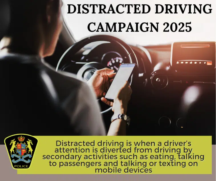 A graphic showing a phone with a no symbol over it and the text 'Distracted Driving'