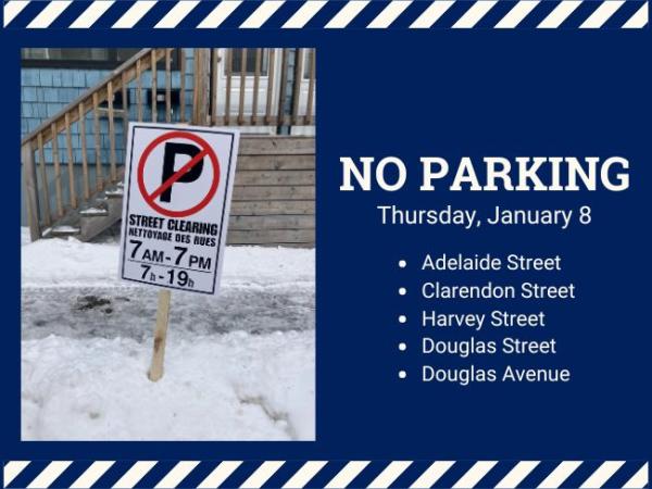 A graphic showing a no parking symbol with text detailing the date and time of the parking ban.