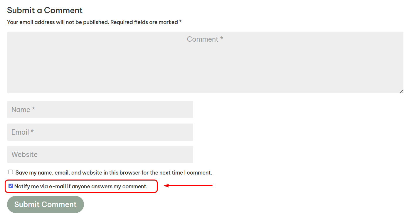 Screenshot of the email notification checkbox next to the comment submission form