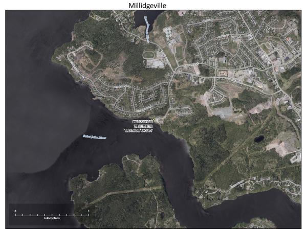 Map showing the location of the Millidgeville Wastewater Treatment Facility at 700 Woodward Avenue.