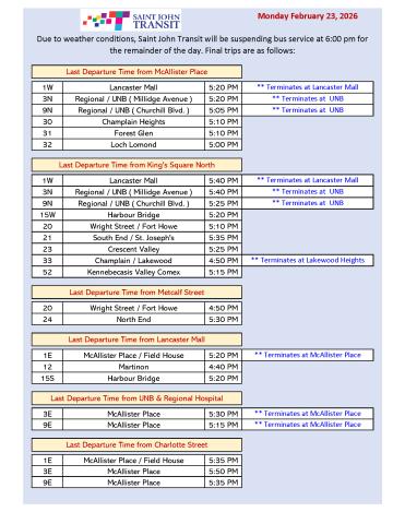 Chart detailing final trip departures for Saint John Transit on Feb 23, 2026