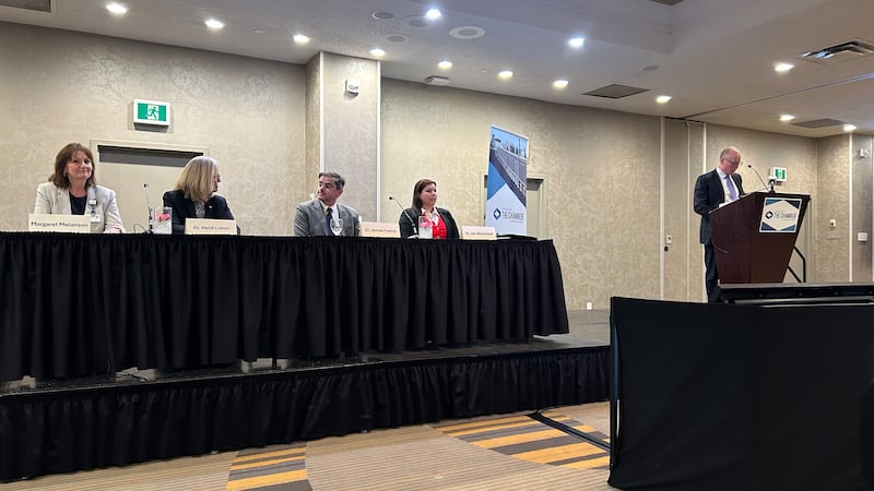 Medical officials sit on a panel to discuss the challenges in New Brunswick health care.