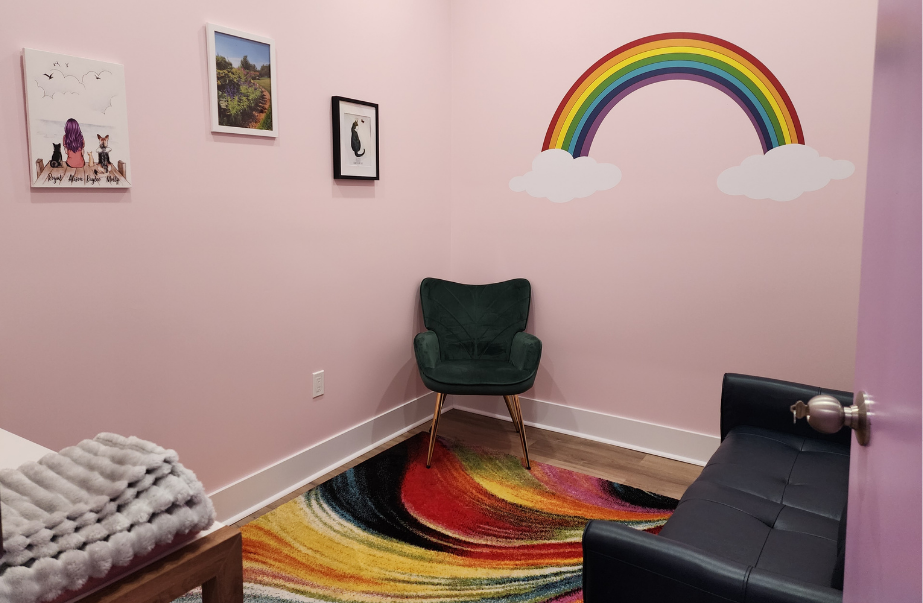 End-of-life care room at Uptown Animal Clinic with a rainbow wall mural