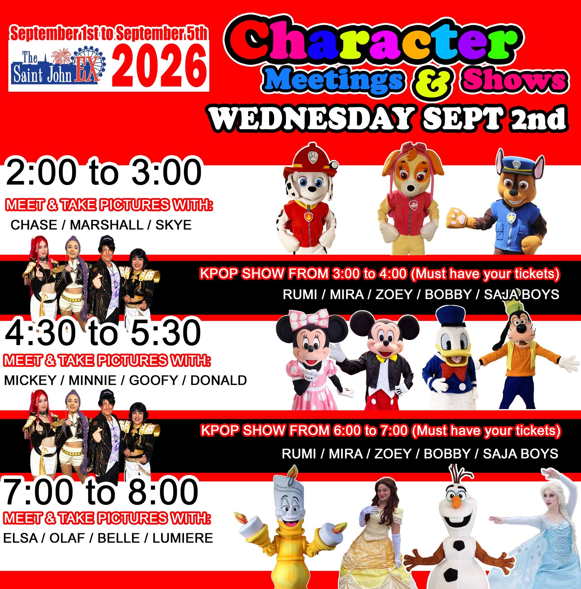Saint John Exhibition Character Schedule